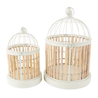 Brown Bamboo Wood Handmade Birdcage Set with White Metal Accents