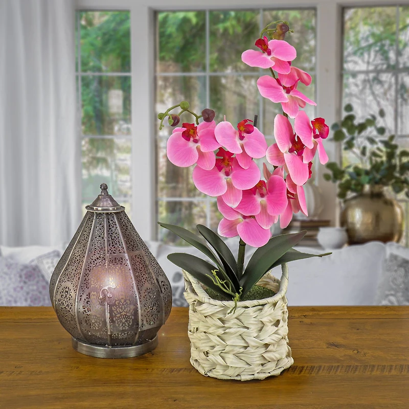 21" Pink Orchid Flower In White Basket