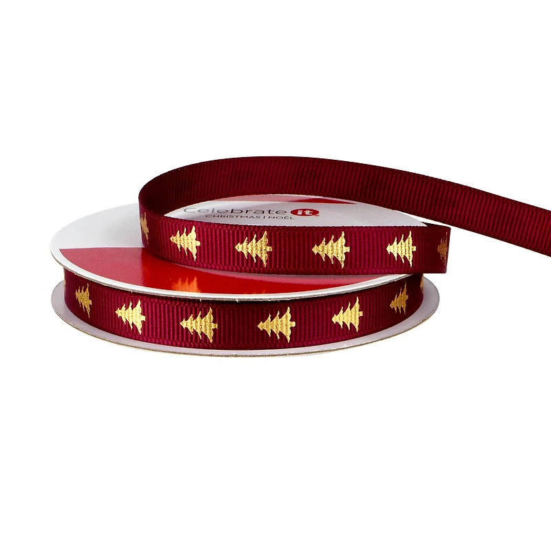 3/8" x 12ft. Gold Tree on Burgundy Ribbon by Celebrate It® Christmas