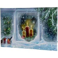 LED Lighted Snowy Window Pane And Candles Christmas Canvas Wall Art