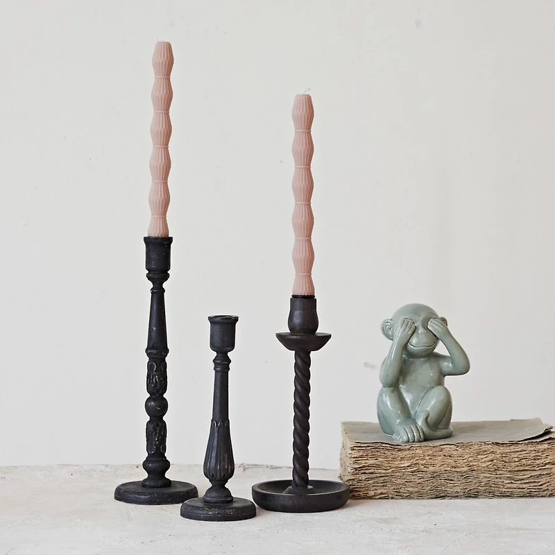 Hello Honey® Round Black Wood Taper Candle Holder Set