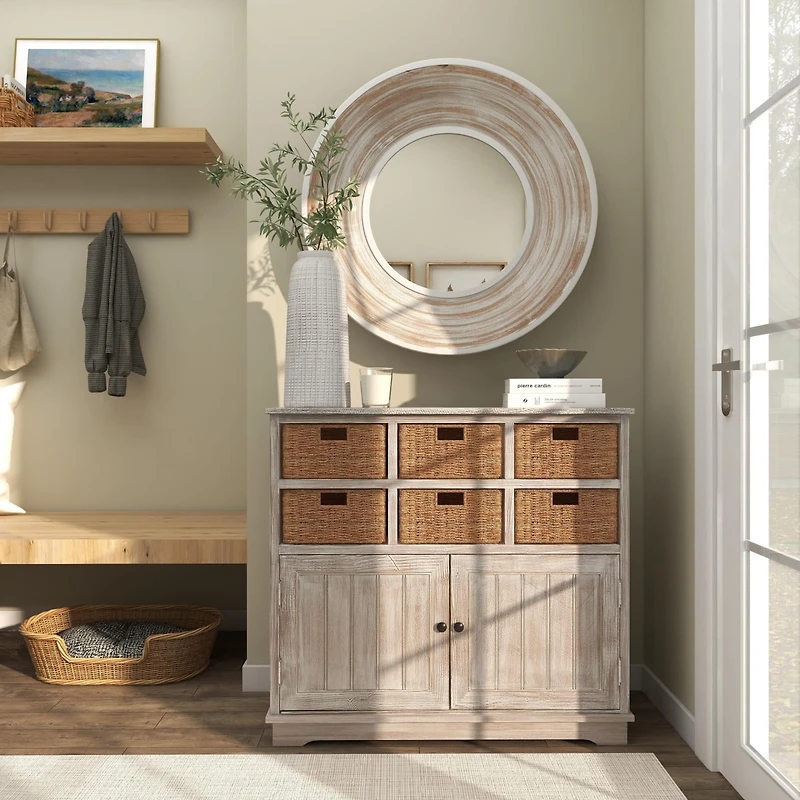 35" Cream Wooden Framed Wall Mirror with White Wash Effect