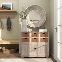 35" Cream Wooden Framed Wall Mirror with White Wash Effect