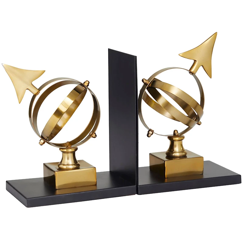 8" Gold Stainless Steel Armillary Bookends with Black Bases Set