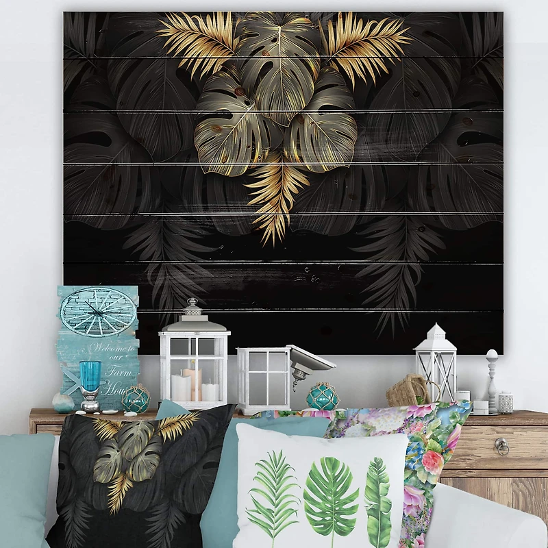 Designart - Black and Gold Tropical Leaves IV