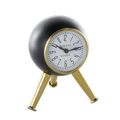 8.5" Black Aluminum Metal Orb Decorative Clock with White Clockface & Gold Tripod Legs