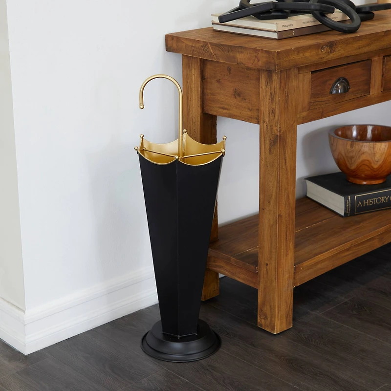 The Novogratz Black Metal Abstract Umbrella Stand with Gold Handle 10" x 9" x 27"