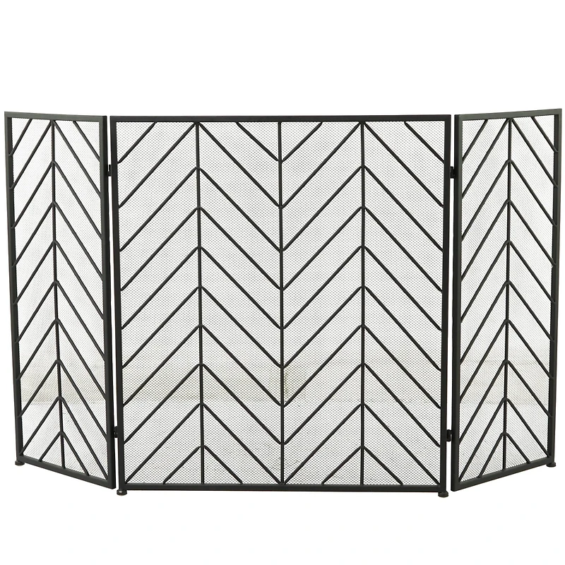 Black Metal Foldable Mesh Netting 3 Panel Geometric Fireplace Screen with Chevron Pattern 52" x 1" x 31"