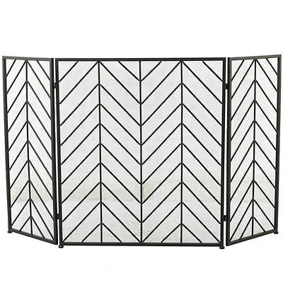 Black Metal Foldable Mesh Netting 3 Panel Geometric Fireplace Screen with Chevron Pattern 52" x 1" x 31"