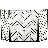 Black Metal Foldable Mesh Netting 3 Panel Geometric Fireplace Screen with Chevron Pattern 52" x 1" x 31"