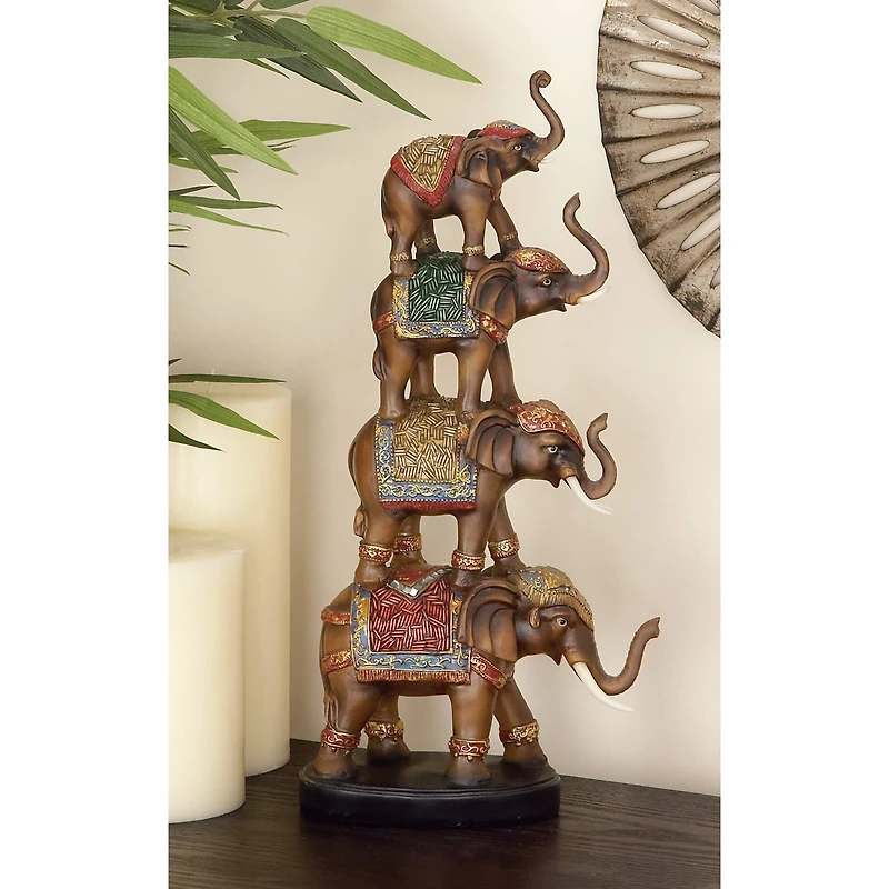 18" Brown Polystone Eclectic Elephant Sculpture