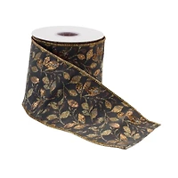 4" x 5yd. Gray & Gold Wired Leaf Print Ribbon