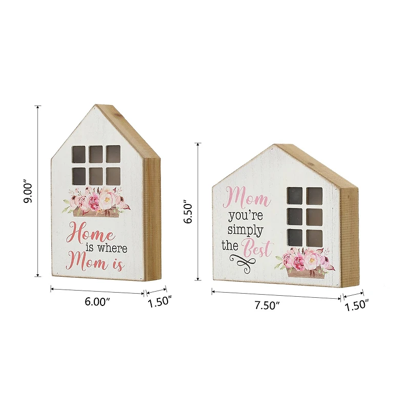 Glitzhome® Lighted Wood Mother's Day House Shaped Table Sign Set