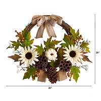 20" Autumn Sunflower, White Pumpkin & Dried Lotus Pod Fall Wreath