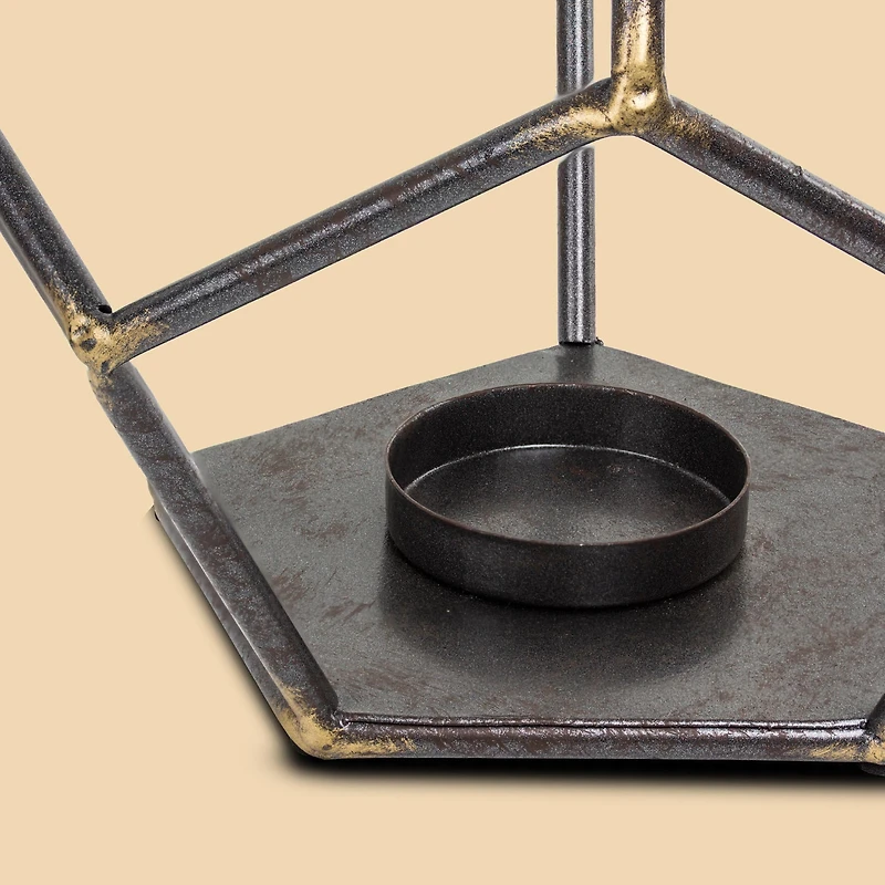 8" Dark Steel & Gold Geometric Metal Candle Holder