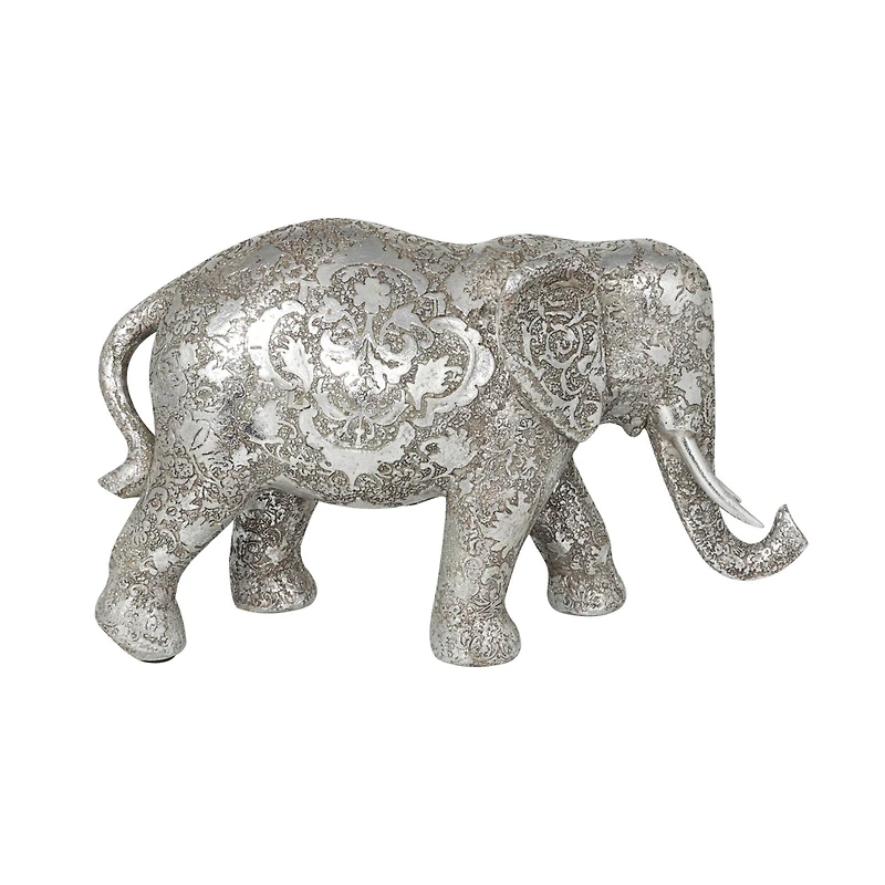 7" Silver Elephant Engraved Floral Sculpture