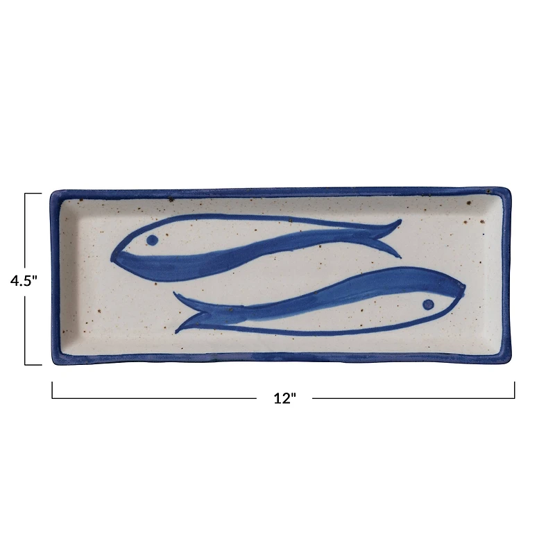 Hello Honey® 12" Blue & White Fish Rectangular Stoneware Bowl