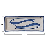 Hello Honey® 12" Blue & White Fish Rectangular Stoneware Bowl