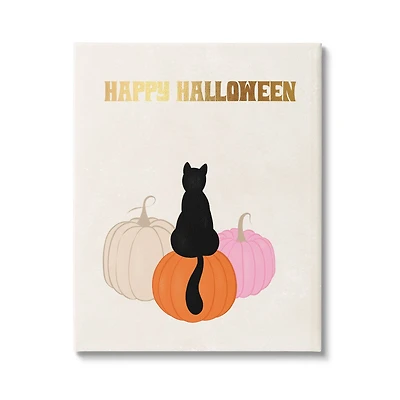 Stupell Industries Happy Halloween Black Cat Pumpkins Canvas Wall Art