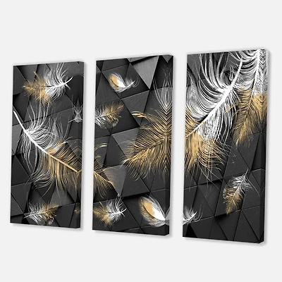 Designart - White and Gold Feathers On Triangular
