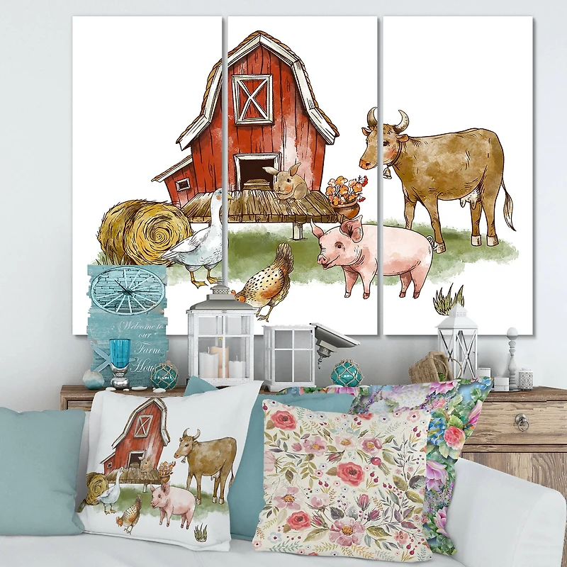 Designart - Farm House With Goose Chicken Cow Pig and Haystack