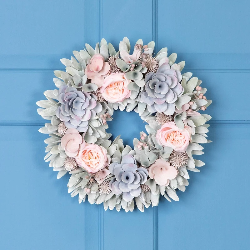 14" Roses & Thistle Artificial Spring Wooden Floral Wreath