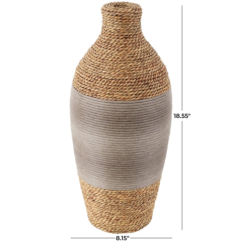 19" Brown Seagrass Handmade Wrapped Vase with Layered Gray Paneling