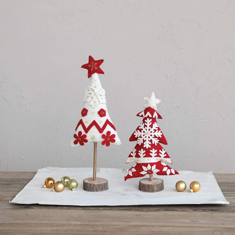 Hello Honey® 17" Red & White Handmade Wool Felt Christmas Tree with Applique, Embroidery & Wood Slice Base