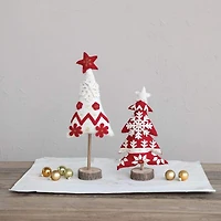 Hello Honey® 17" Red & White Handmade Wool Felt Christmas Tree with Applique, Embroidery & Wood Slice Base