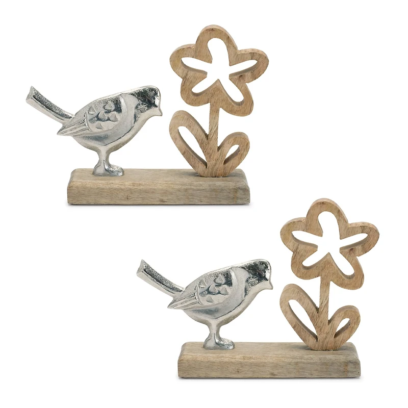 Metal Bird & Flower on Wood Base Décor, 2ct.