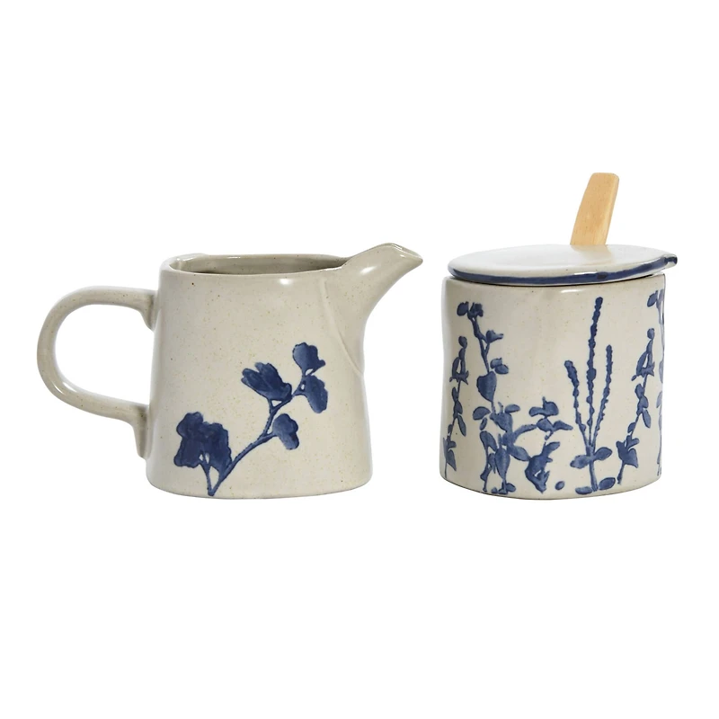 Hello Honey® Antique White & Blue Hand Stamped Stoneware Sugar Pot & Creamer Set