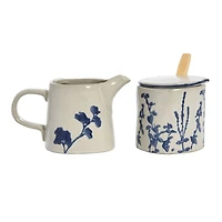 Hello Honey® Antique White & Blue Hand Stamped Stoneware Sugar Pot & Creamer Set