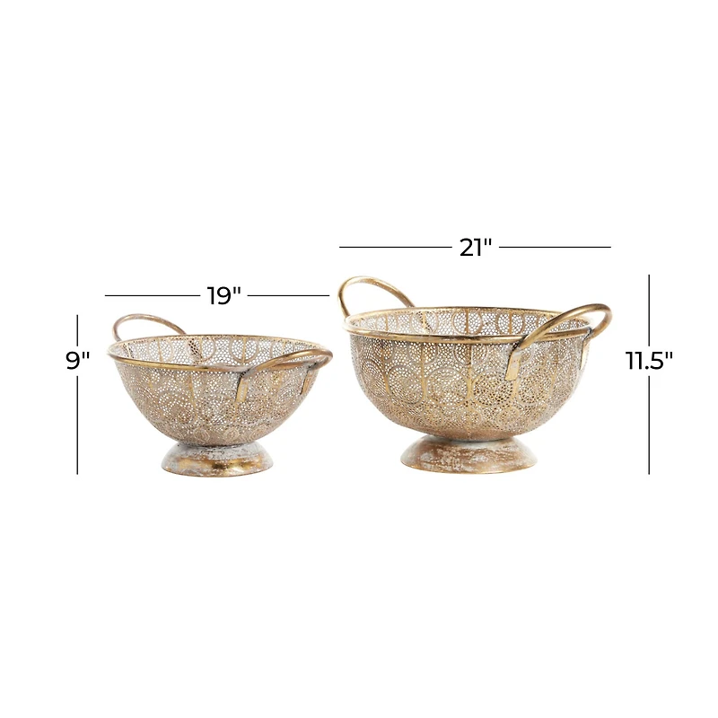 21" & 19" Gold Metal Eclectic Decorative Bowl Set
