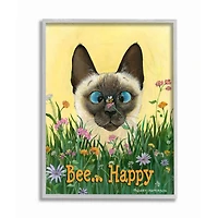 Stupell Industries Bee Happy Funny Cat Cartoon Pet Design Framed Wall Art