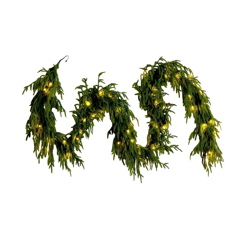9ft. Pre-Lit Artificial Real Touch Norfolk Island Pine Garland with 50 Warm White LED Lights and Natural Look