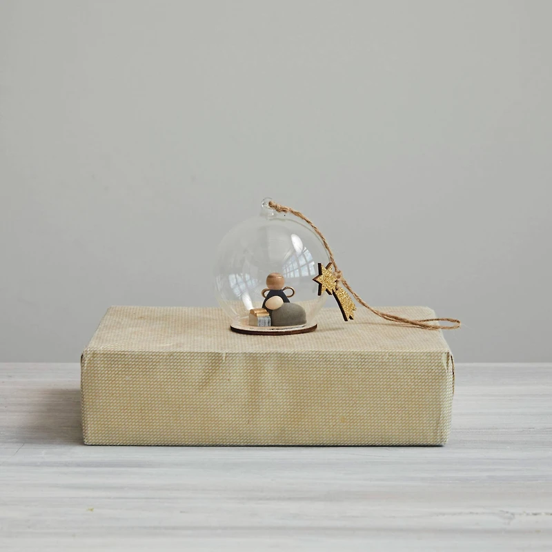 Hello Honey® 3.5" Glass Cloche with Wood Nativity Scene & Star Ornament