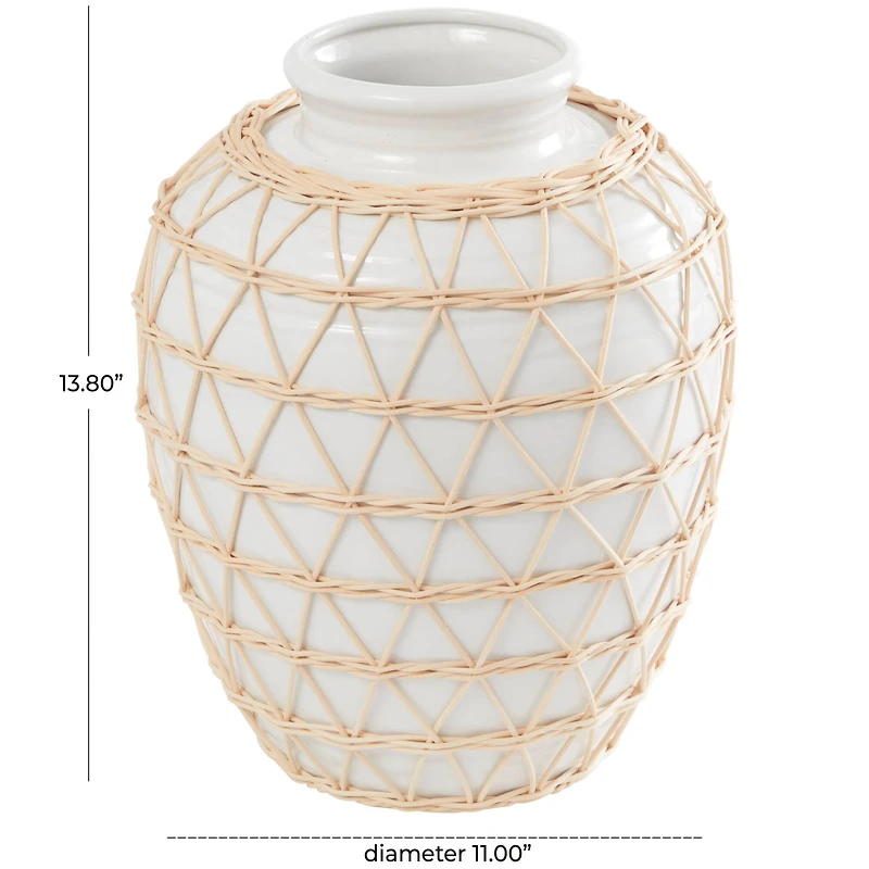14" White Ceramic Handmade Vase with Woven Rattan Exterior