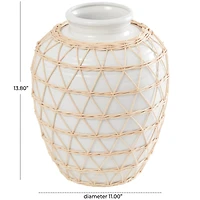 14" White Ceramic Handmade Vase with Woven Rattan Exterior