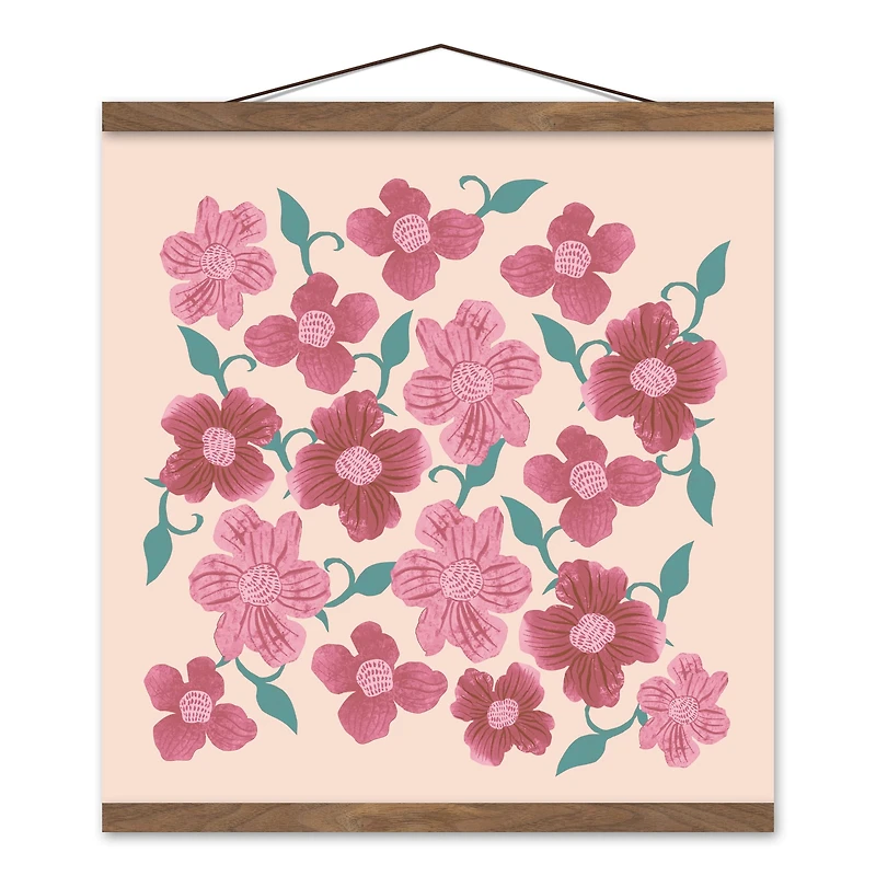 Pink Florals 16" x 16" Teak Hanging Canvas
