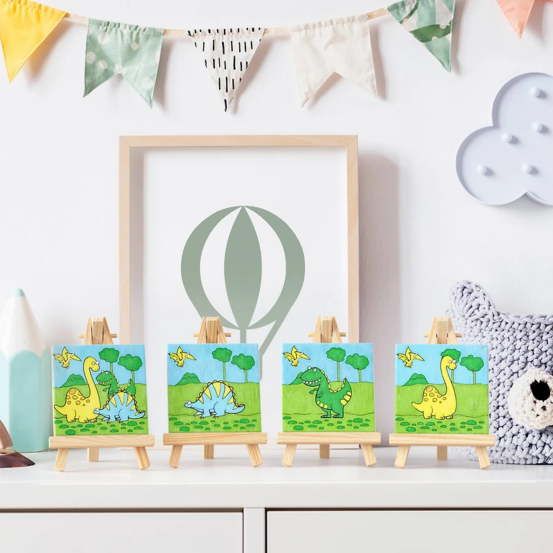 Arteza® Kids Canvas Paint Kit, 4 Mini Canvas- 3 x 3 with Easel, Dinosaurs