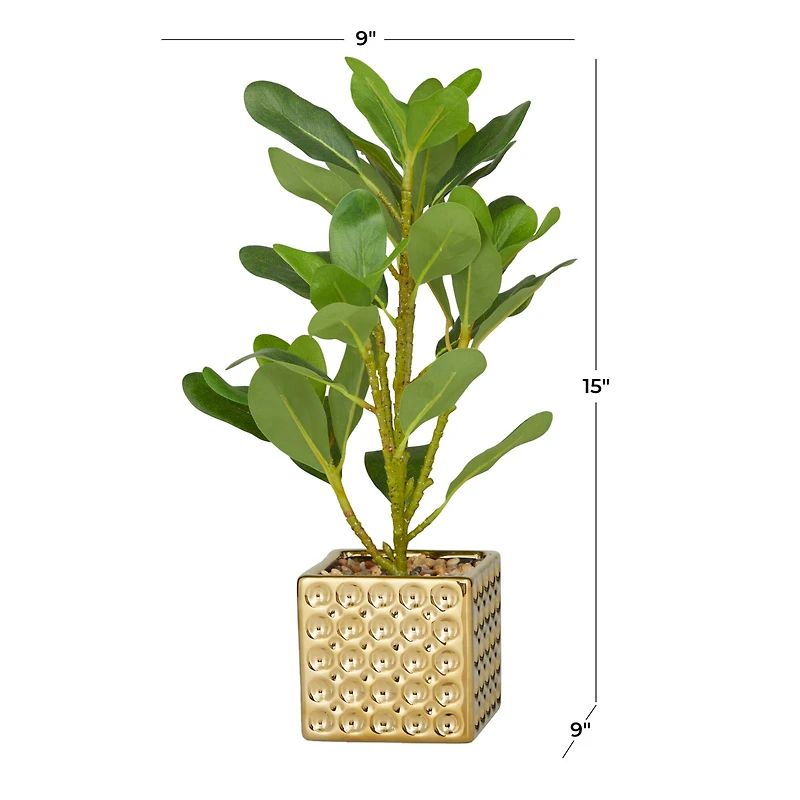 15" Glam Style Evergreen Artificial Foliage in Gold Porcelain Pot