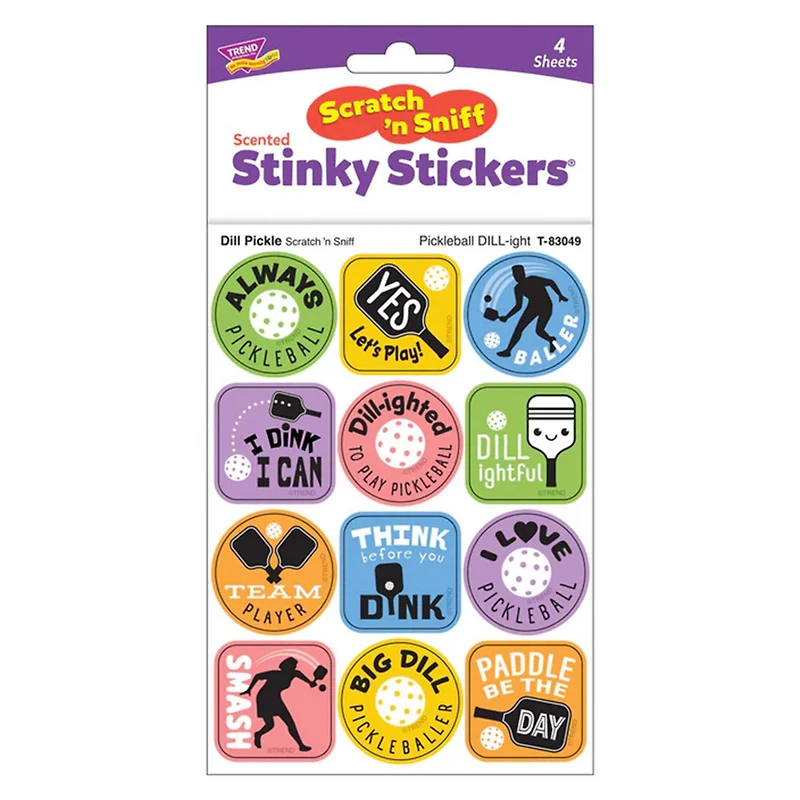 TREND Enterprises® Pickleball Pride, Dill Pickle Scent Scratch 'n Sniff Stinky Stickers®. 1.25" 6 Packs of 48