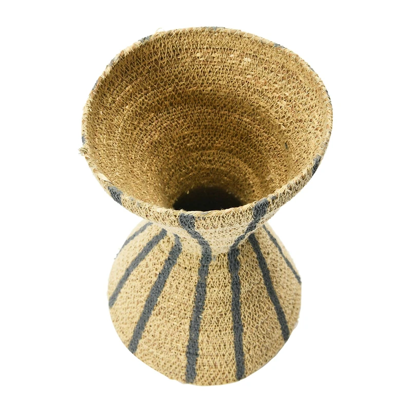Hello Honey® 12" Natural & Black Hand-Woven Seagrass Hour Glass Shape Vase With Stripes