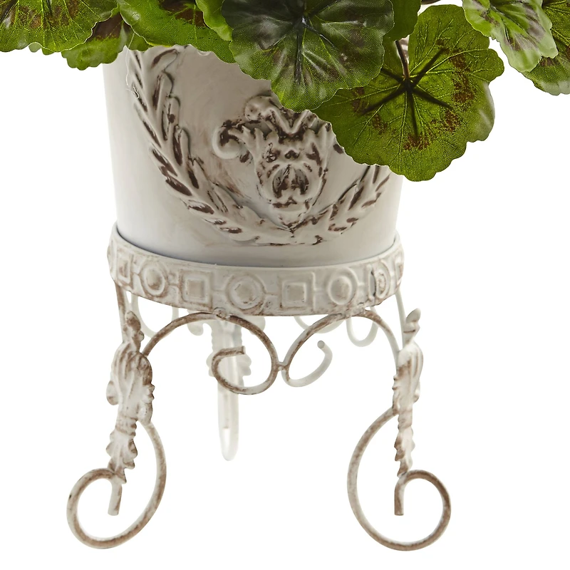 18.5" Red UV Resistant Geranium Arrangement in White Metal Planter