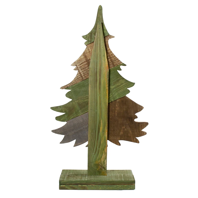 20.5" x 11" Textured Green and Brown Wooden Christmas Tree Tabletop Decoration