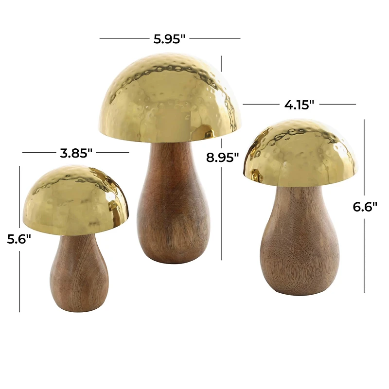 Gold Stainless Steel & Wood Mushroom Hammered Sculpture Set
