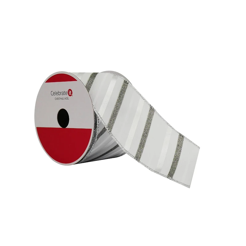 2.5" x 20ft. Silver Stripes White Taffeta Wired Ribbon by Celebrate It®