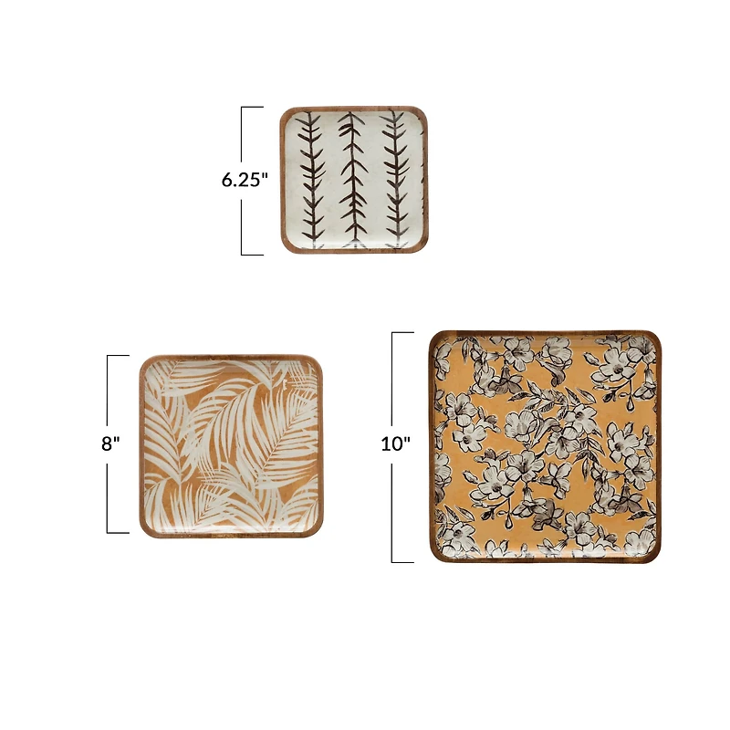 Hello Honey® Square Enameled Acacia Wood Printed Trays Set