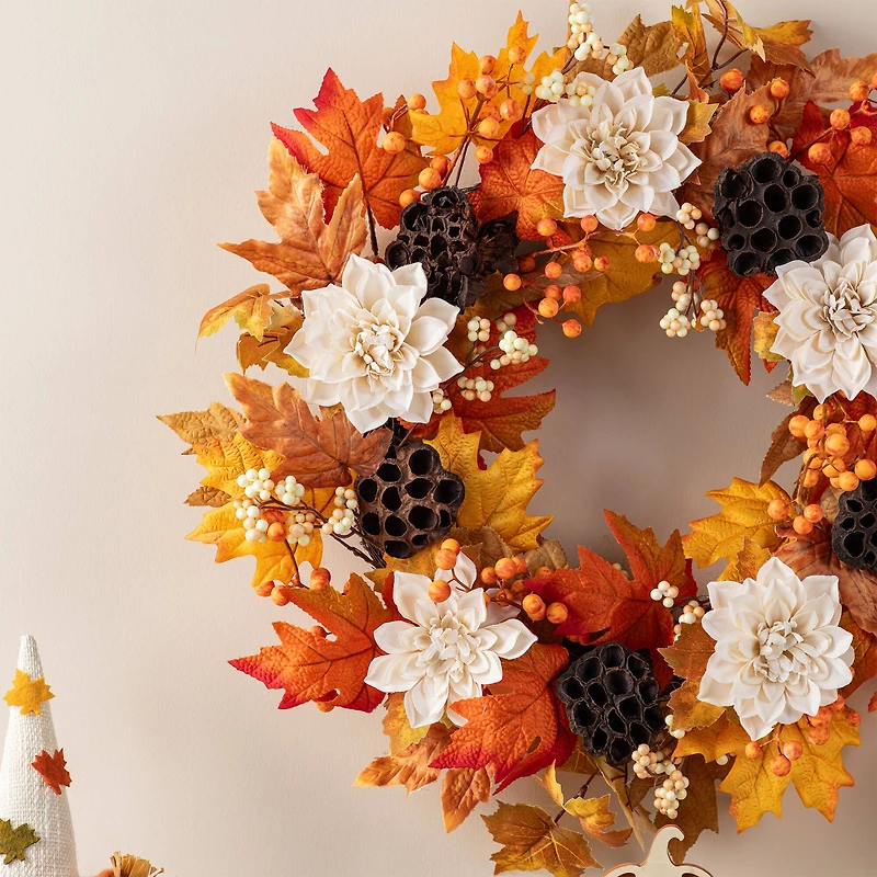 Glitzhome® 24" Fall Dahlia, Lotus Pod and Berry Wreath