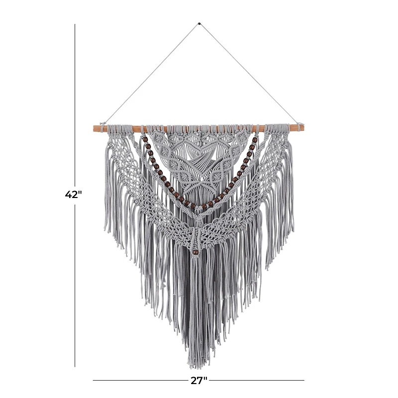 Gray Cotton Handmade Intricately Weaved Macrame Wall Decor with Beaded Fringe Tassels 27" x 1" x 42"
